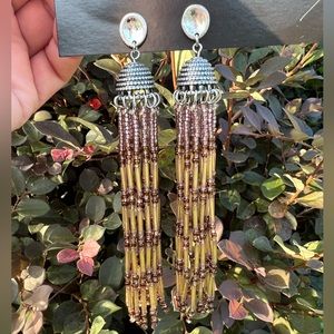 FREE PEOPLE CHANDELIER ,EARRINGS PWDTER, POST & AMETHYST .ABOUT 2  1/2 INCH